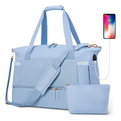 37L Women Fitness Travel Bag Waterproof USB Charging Carry-On Overnight Sky Blue