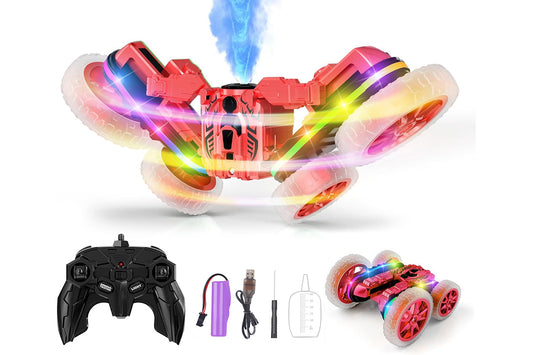 Remote Control Car 360 Degree Rotating RC Cars with Cool Spray 2.4Ghz Double Sided RC Stunt Car with Cool Lights-Red
