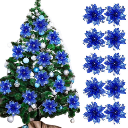 10Pcs Red and Gold Poinsettia Artificial Christmas Flowers ¨C Xmas Tree Ornaments Blue