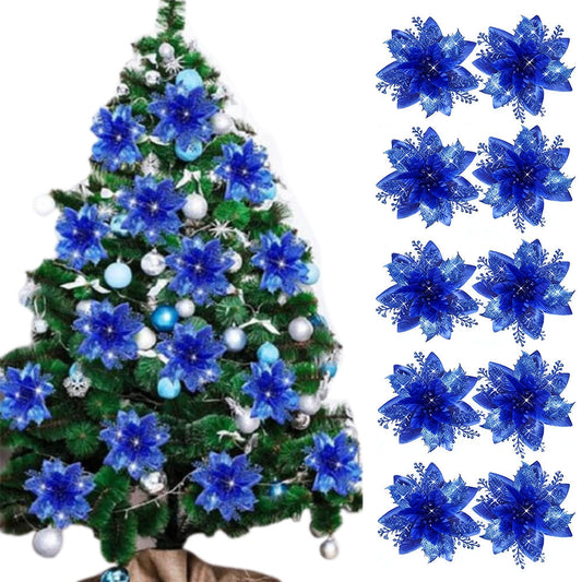 10Pcs Red and Gold Poinsettia Artificial Christmas Flowers ¨C Xmas Tree Ornaments Blue