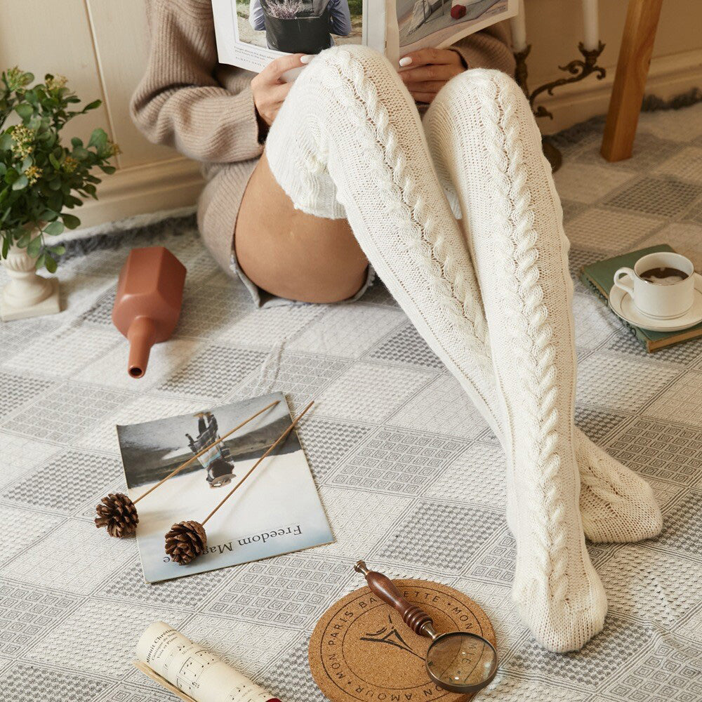 Women's Knitted Over Knee Socks Thick and Warm Long Stockings-White
