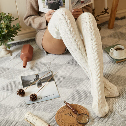 Women's Knitted Over Knee Socks Thick and Warm Long Stockings-White