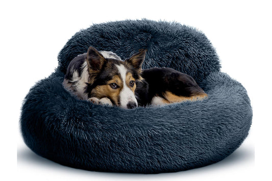 Calming Donut Dog Bed Anti-Slip Fluffy Plush Faux Fur Pet Bed for Most Dogs -Dark Grey