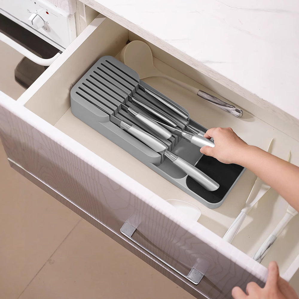 Storage Rack Knife Block Organizer Kitchen Knives Holder Countertop or Drawer Use-Grey