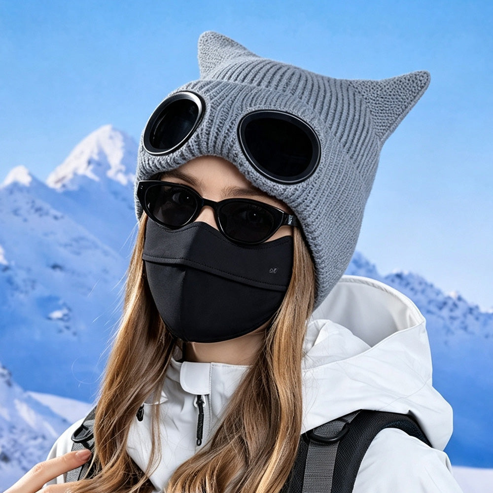 Double Layer Knit Winter Beanie with Goggles - Grey