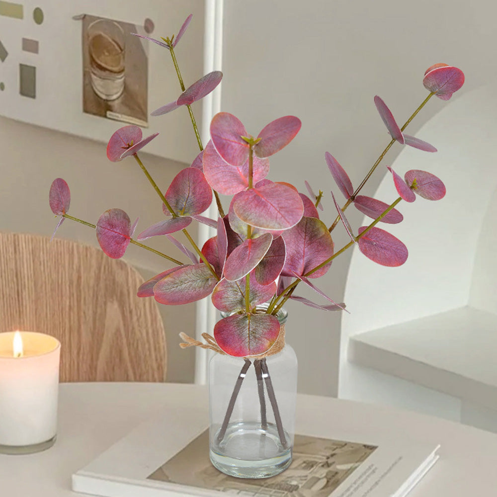 Realistic Artificial Eucalyptus Plant 3-Branch Faux Water Decorative Leaves-red