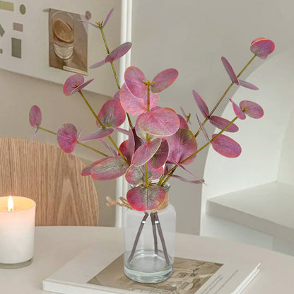 Realistic Artificial Eucalyptus Plant 3-Branch Faux Water Decorative Leaves-red