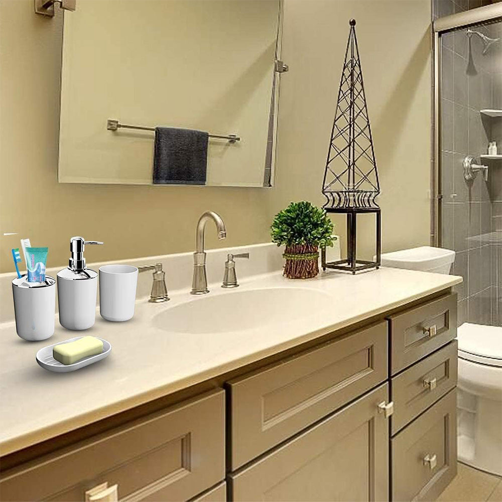 6 Piece Bathroom Accessories Set Soap Dish Soap Dispenser Toothbrush Holder Toilet Brush Trash Bin-White