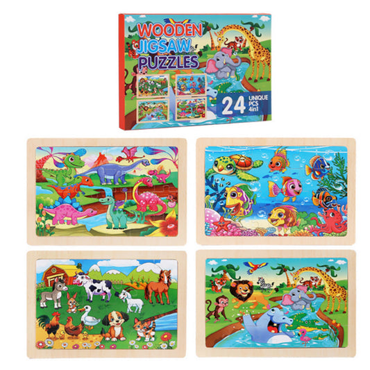 4 Packs 24Pcs Puzzles Wooden Jigsaw Puzzles Preschool Educational Puzzles Boards Toys Style 3