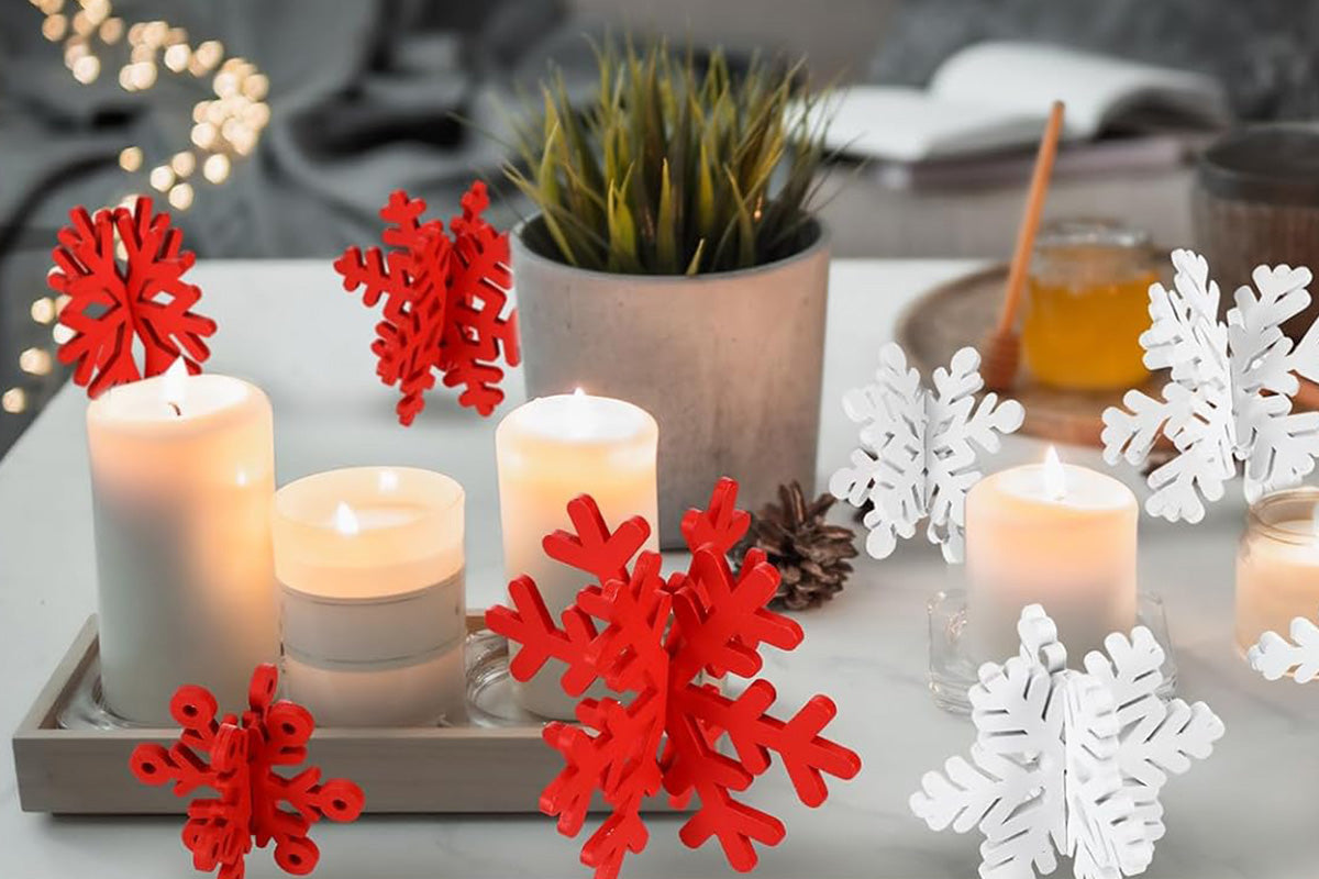 8Pcs 3D Wooden Snowflake Table Decor Christmas Wonderland Centerpiece-Red White