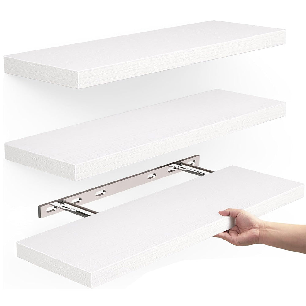 3Pcs Set Wall Mounted Floating Shelves Hanging Wood Storage Shelves for Home Bathroom White