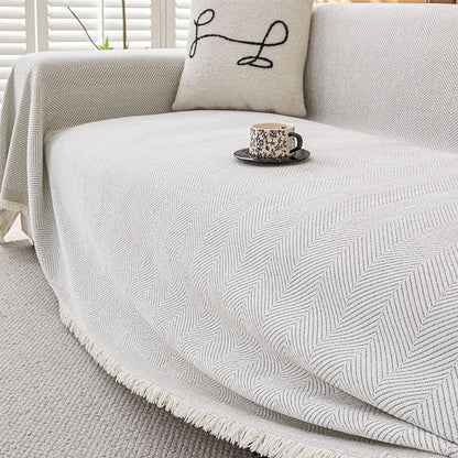 Herringbone Tassel Sofa Throw Cover Large Blanket for Couch Furniture Protector-Beige