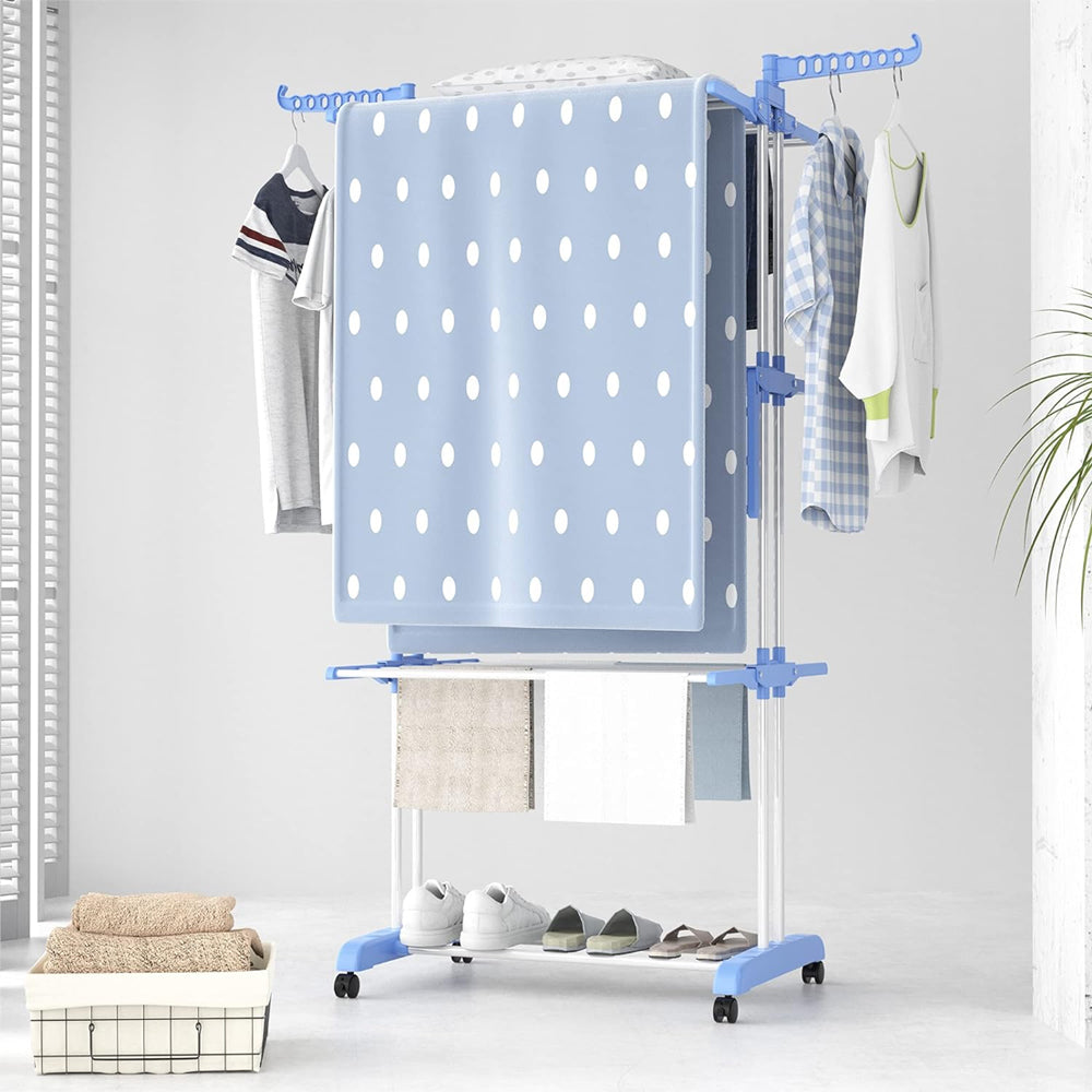 4-Tier Clothes Drying Rack Foldable Laundry Drying Rack with Wheels Blue