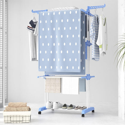 4-Tier Clothes Drying Rack Foldable Laundry Drying Rack with Wheels Blue