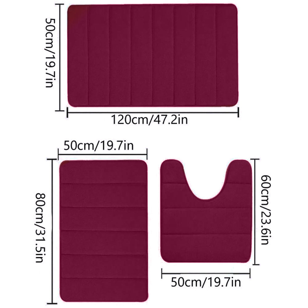 3 Pieces Set Water Absorption Bathroom Floor Mats Non-Slip Bath Mats Wine Red
