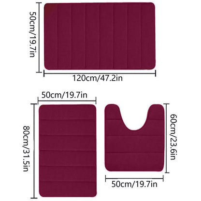 3 Pieces Set Water Absorption Bathroom Floor Mats Non-Slip Bath Mats Wine Red