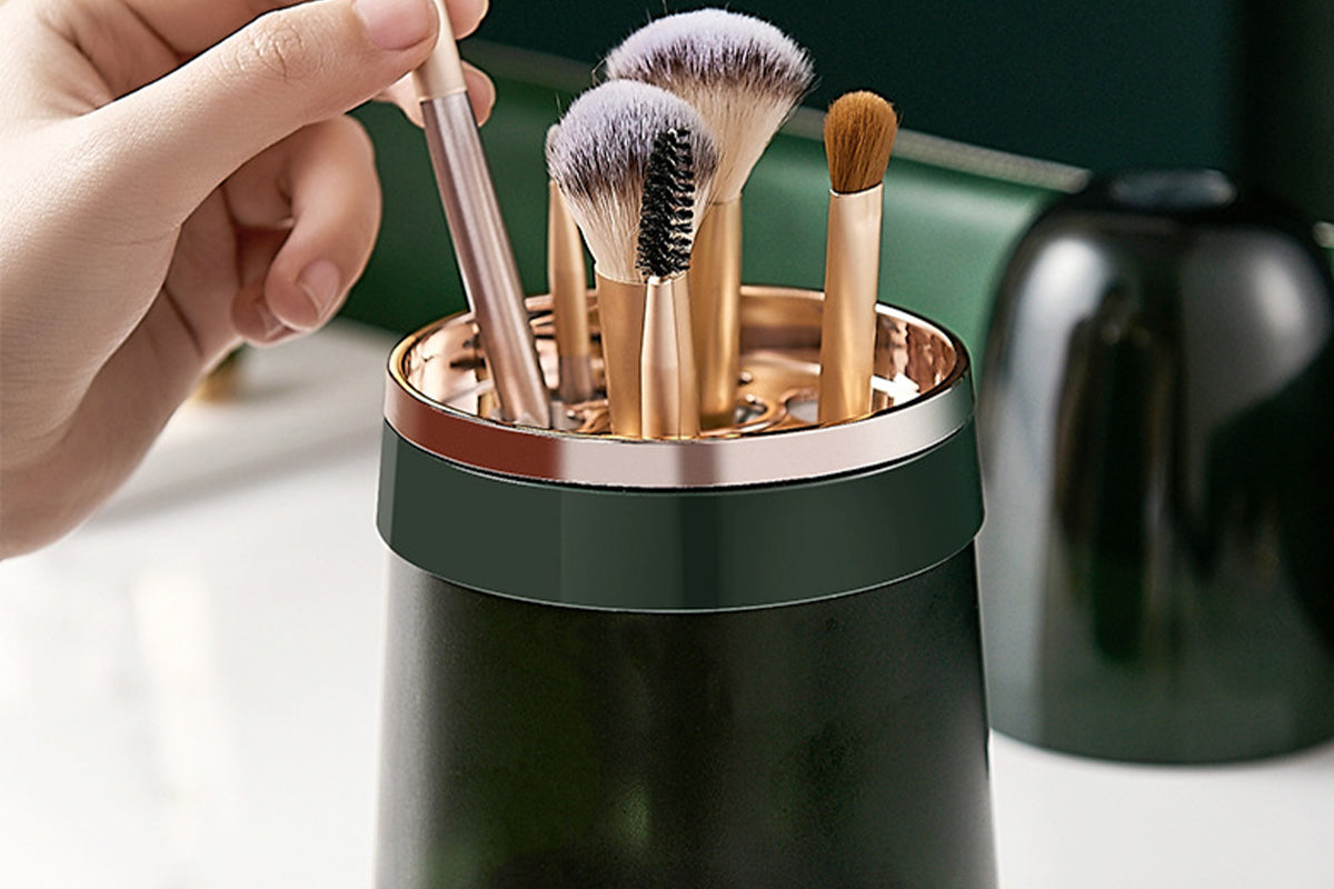 2-in-1 Dust Proof Makeup Brush Storage Bucket Container For Vanity Desktop Bathroom-Green