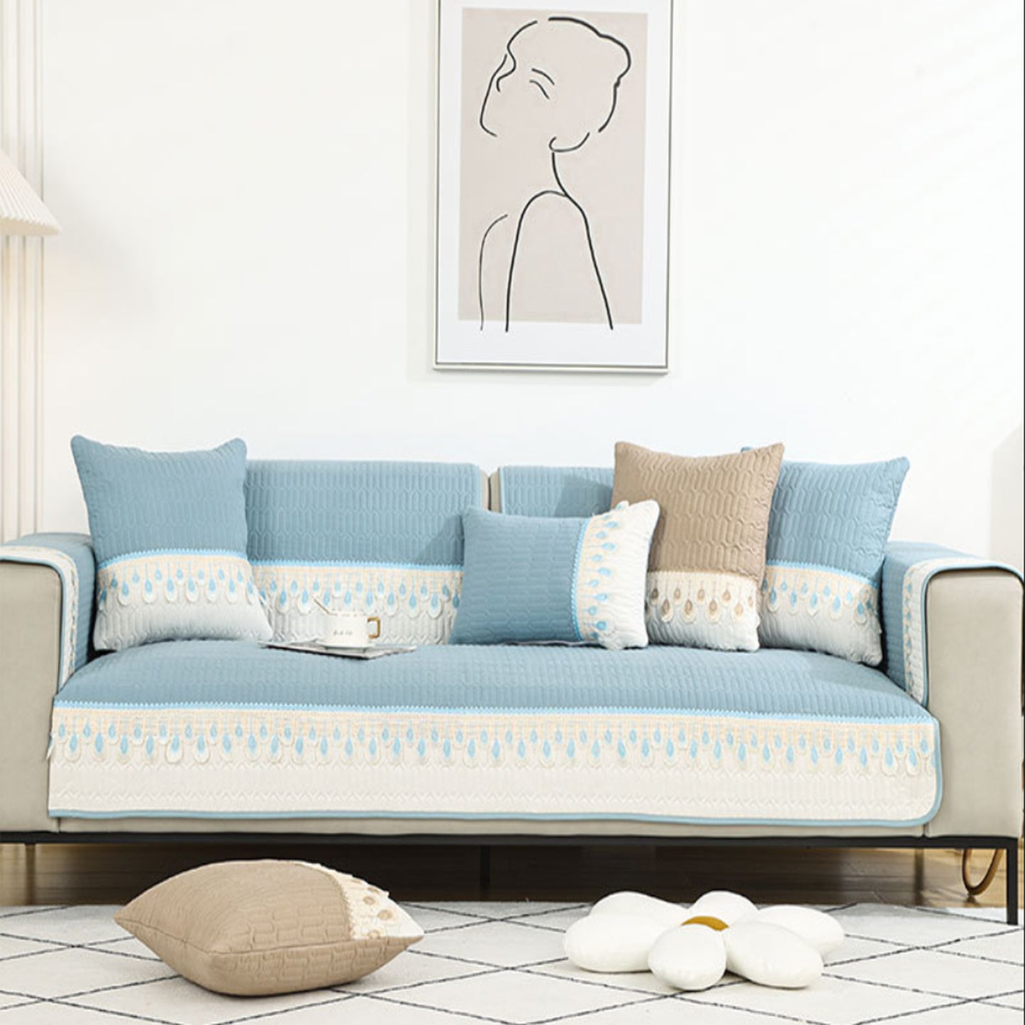 Quilted Sectional Couch Covers Non-Slip Sofa Slipcover -Blue