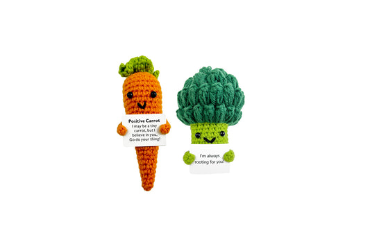 2Pcs Funny Mini Cute Crochet Doll with Positive Card Soft Wool Knitting Toy-Carrots and Broccoli