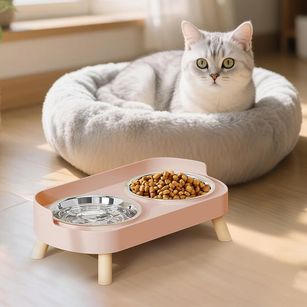 Elevated Double Stainless Steel Pet Food and Water Bowl Set-Pink