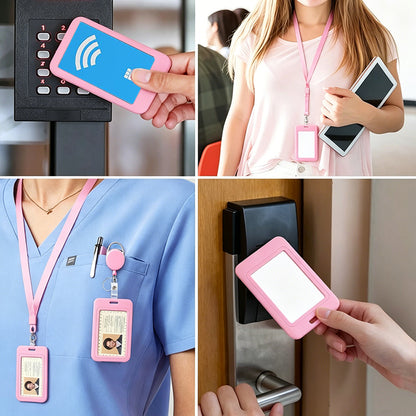 2Pcs Retractable Badge Holder with Lanyard for ID Cards-Pink