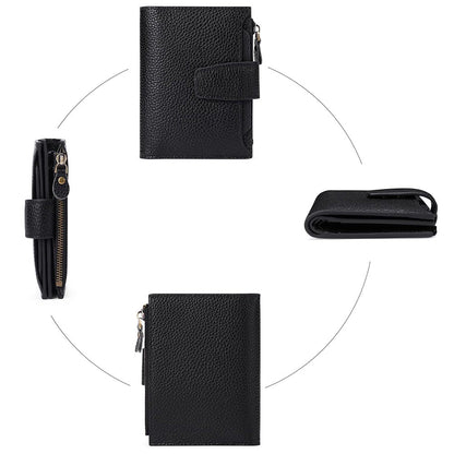 Genuine Leather Women's Wallet Short RFID Blocking Purse with Zipper Black