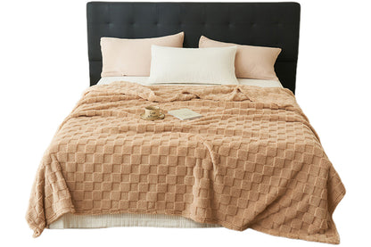 Soft Fleece Throw Blanket Checkered Jacquard Throw Blanket for Couch Bed-Brown