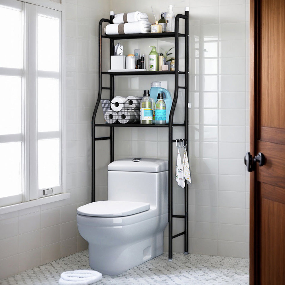 3 Tier Shelf Over Toilet Storage Rack With Paper Holder And Hooks-Black