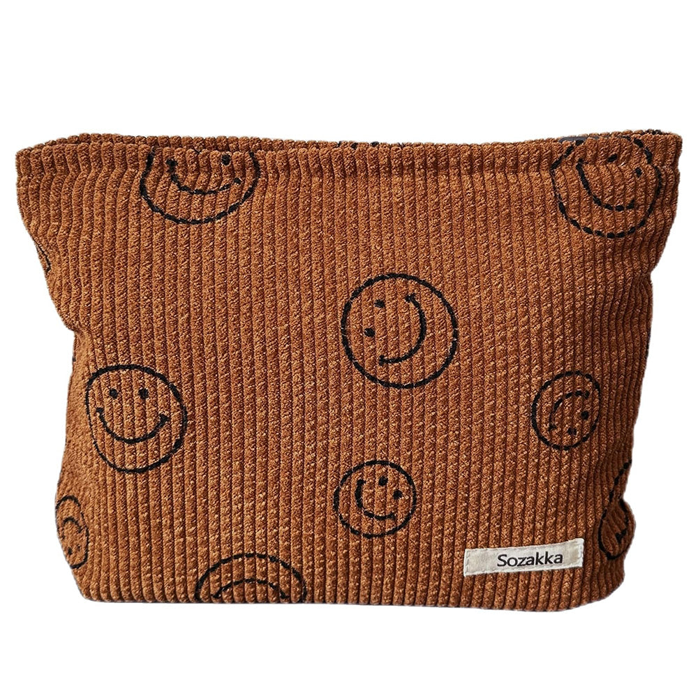 Corduroy Makeup Bag Cute Smile Dots Face Case Handbag with Zipper for Women Brown