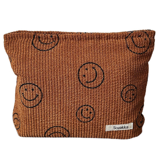 Corduroy Makeup Bag Cute Smile Dots Face Case Handbag with Zipper for Women Brown