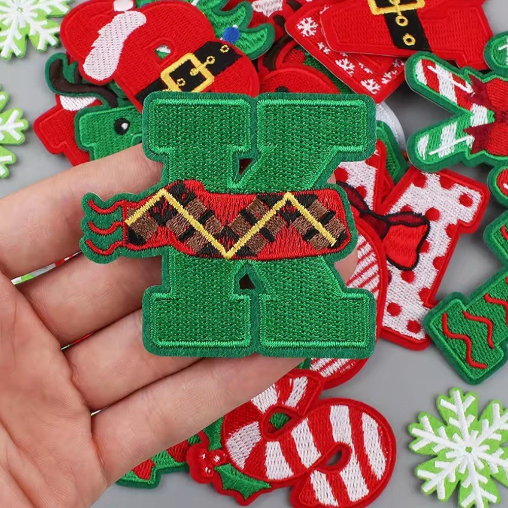 32 Piece Christmas Embroidered Iron-On Letter and Pattern Patch Set