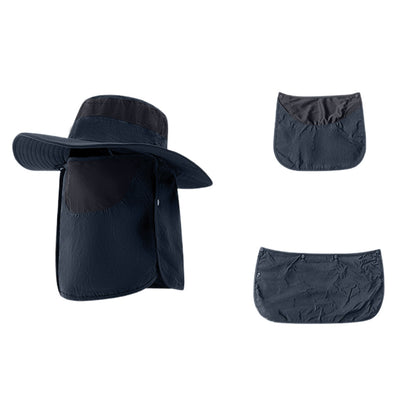 Sun Protection Fishing Cap Wide Brim Hat With Neck Flap And Face Cover-Navy