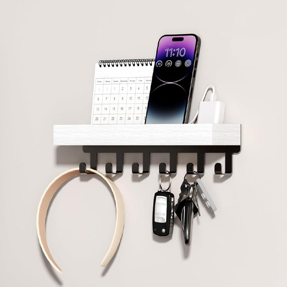 Wall Key Holder with Shelf Wooden Key Rack for Entryway Home-White