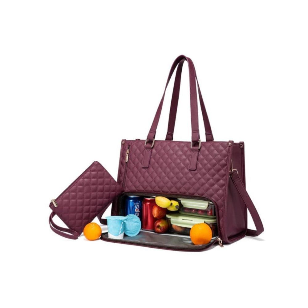 2-in-1 Tote Bag with Insulated Lunch Compartment and Wallet-Wine Red