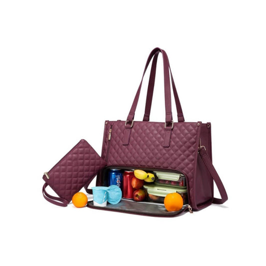 2-in-1 Tote Bag with Insulated Lunch Compartment and Wallet-Wine Red