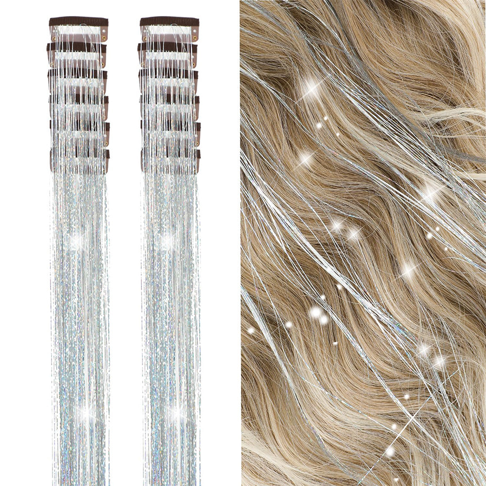 12-Piece Hair Tinsel Clip Kit Sparkly Fairy Hair Extensions for Glamorous Styling Silver