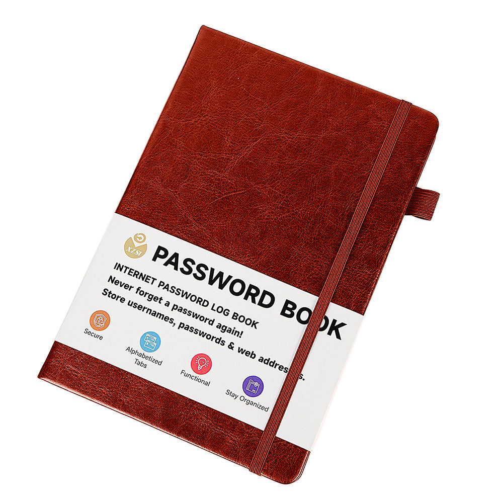 Password Book with Tabs PU Leather Internet Password Logbook with Elastic Band Brown