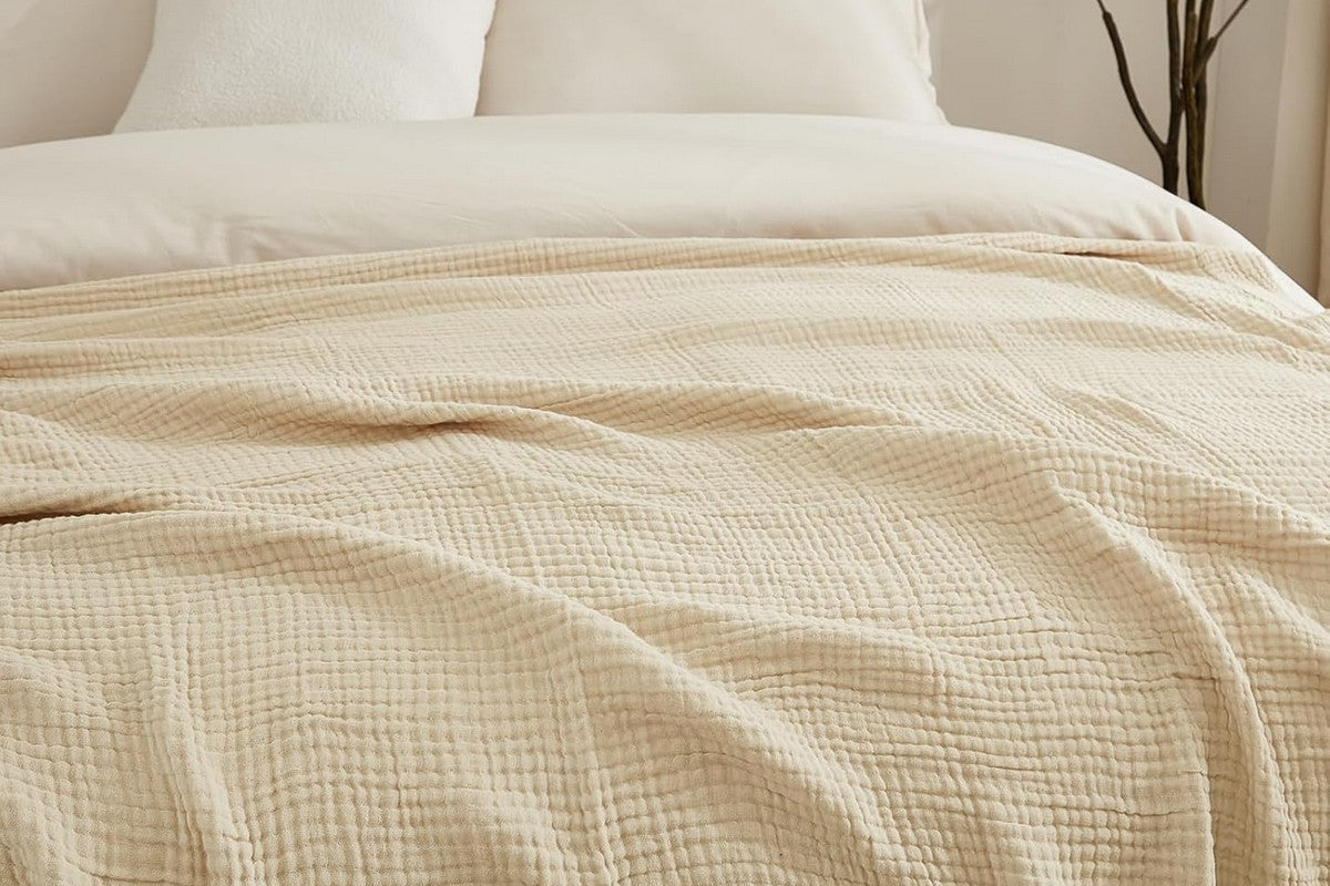 Cotton Muslin Blanket Breathable Soft Muslin Throw Blanket for Adults -Beige
