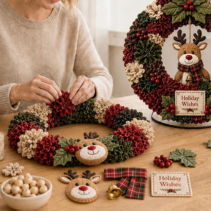 3D Fabric Poke Craft Christmas Wreath DIY Kit for Adults - Reindeer