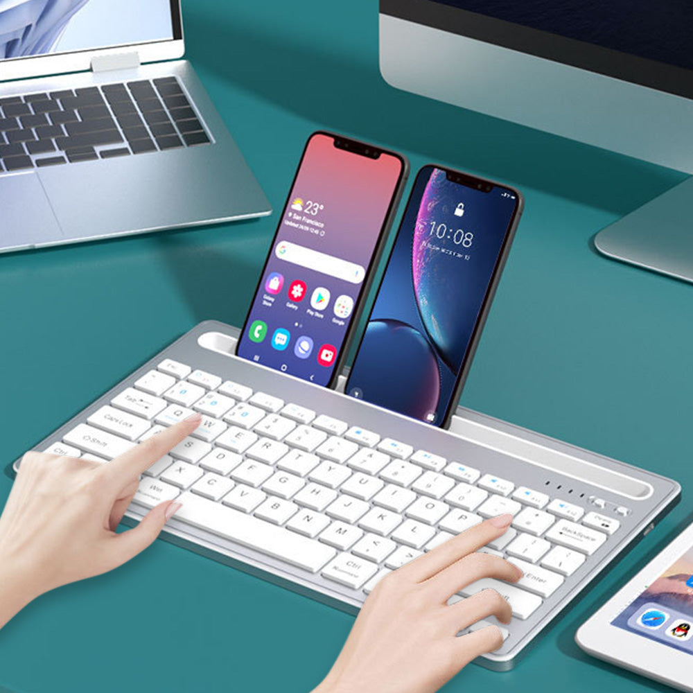 Wireless Keyboard with Phone and Tablet Stand for Windows MacOS iOS iPad-Silver