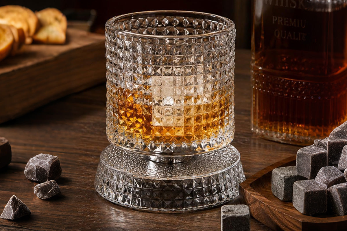 270ML Rotating Transparent Whiskey Glass - Checkered Style
