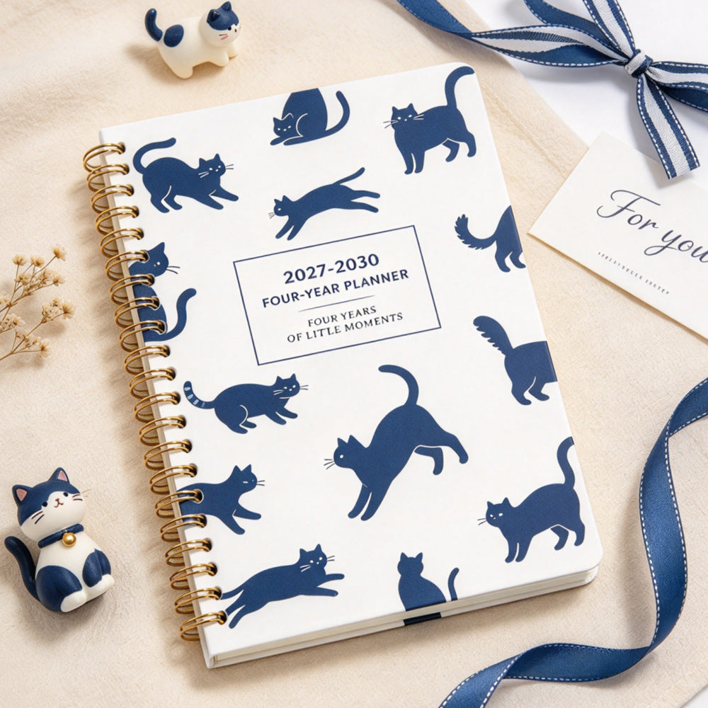 2027 to 2030 Four Year A5 Spiral Monthly Goal Planner Notebook - Cat
