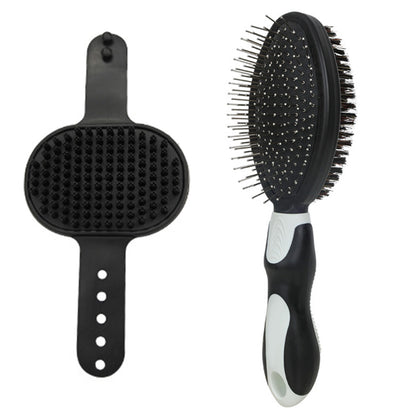 2 Pack Pet Grooming Brush Set Deshedding Double Sided Comb Massage Brush for Cats Dogs Horses-Black