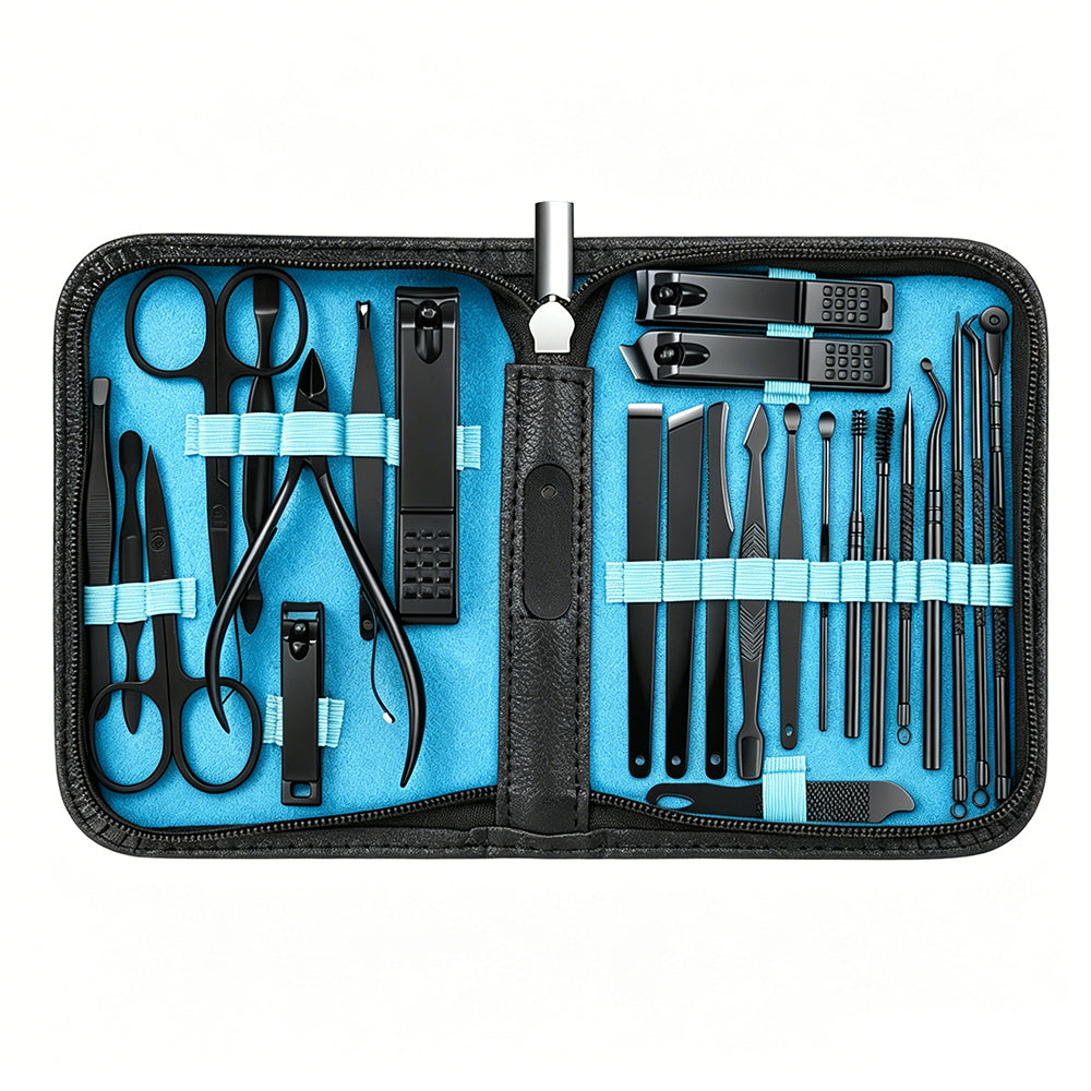 26Pcs Stainless Steel Nail Clipper Set Manicure Pedicure Kit Leather Case-Blue