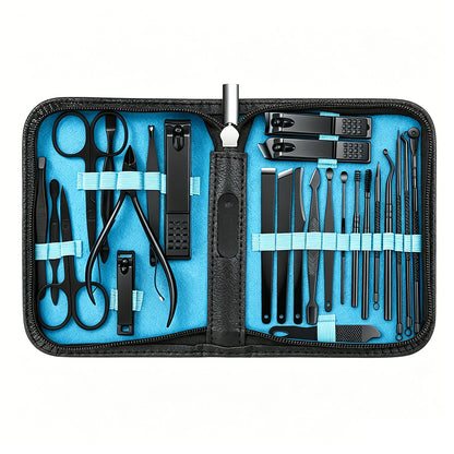 26Pcs Stainless Steel Nail Clipper Set Manicure Pedicure Kit Leather Case-Blue