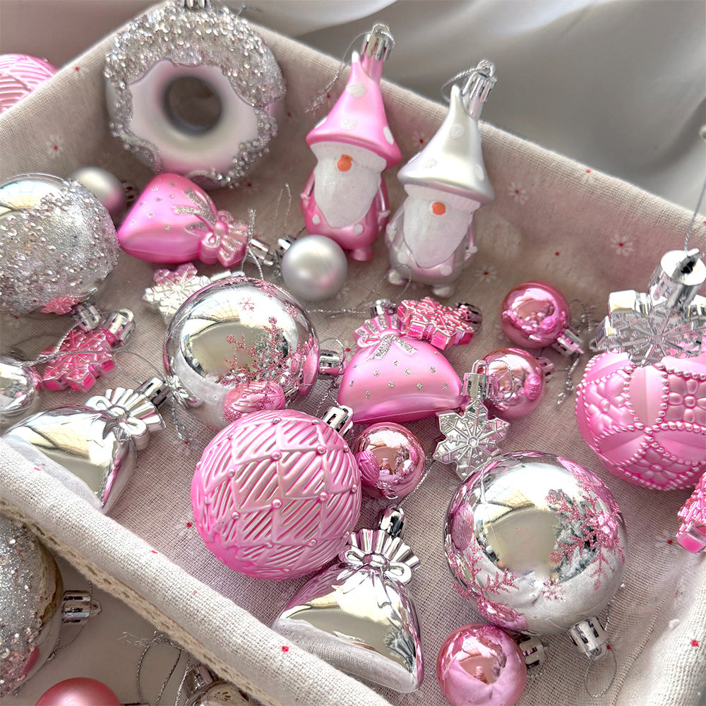 60 Piece Christmas Donut Santa Gnome Ball Hanging Ornament Set - Pink
