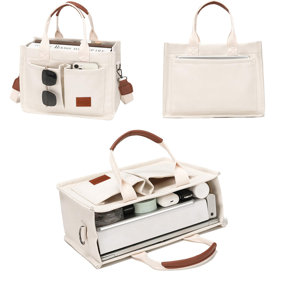 Canvas Tote Bag with Laptop Compartment Multi-Pocket Crossbody for Women Beige