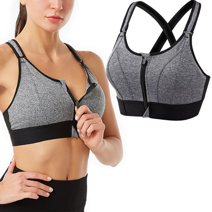 Adjustable Supportive Sports Bra with Front Zipper for Women-Grey