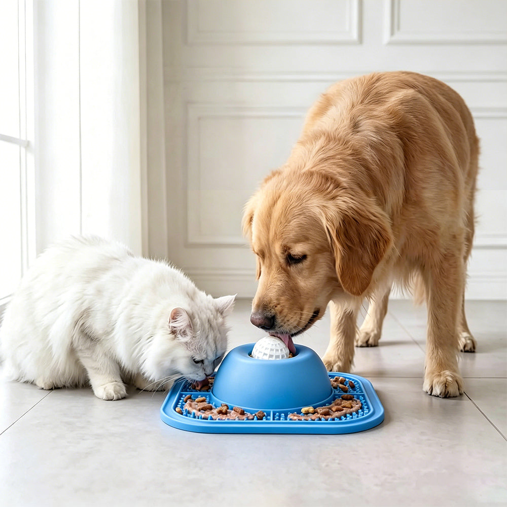 2 in 1 Dog Slow Feeder Bowl with Rolling Ball Lick Mat Non Slip Suction Cup-Blue