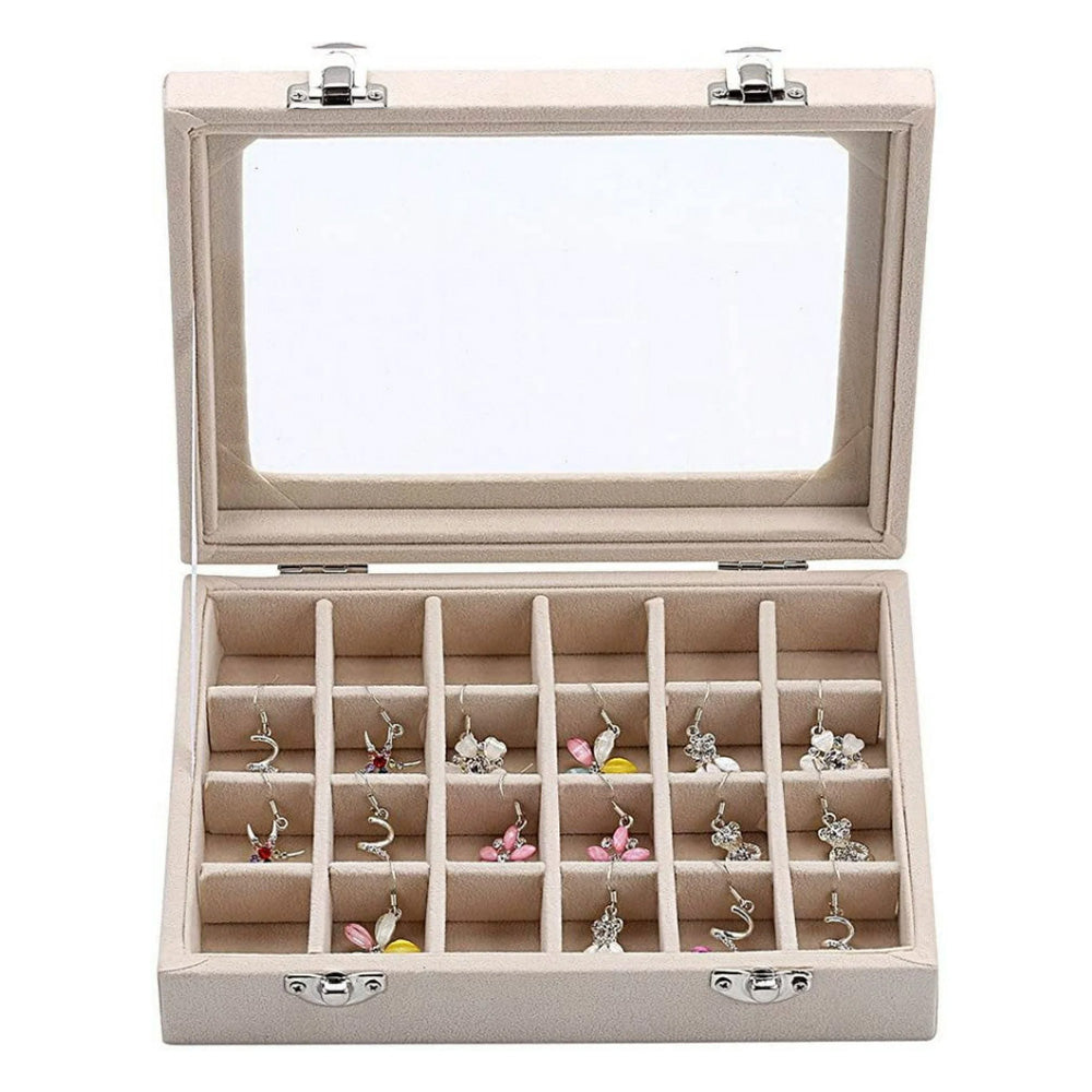 Organizer Case Box Holder Storage Jewelry Earring Ring Velvet Display Travel Portable-Beige